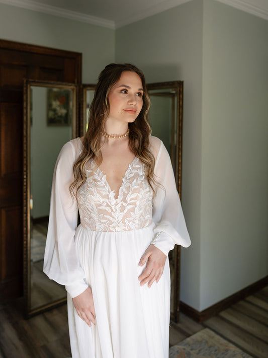 The Claire Gown – Nude Lace Western Wedding Dress with V-Neckline