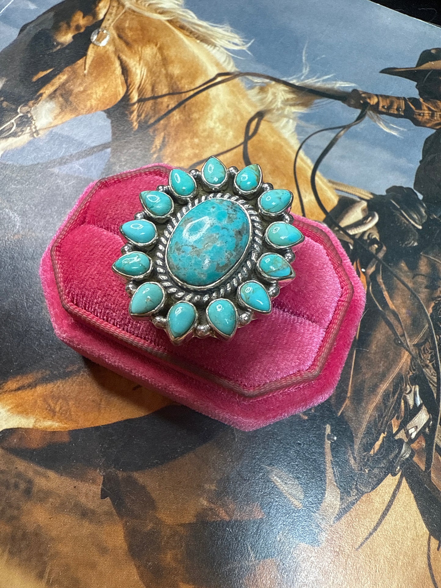 Handmade Kingman Turquoise & Sterling Adjustable Cluster Oval Ring