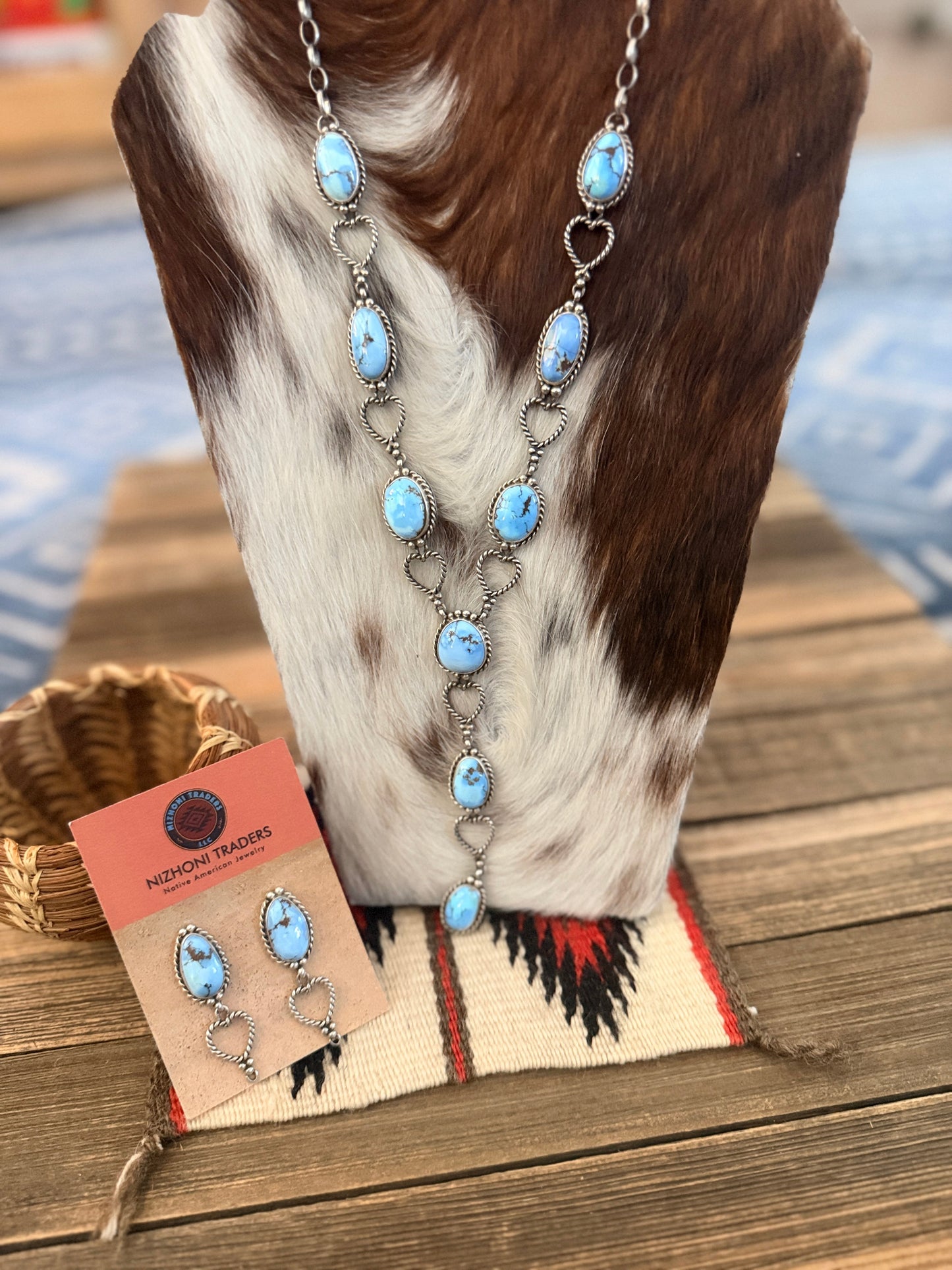 Handcrafted Golden Hills Turquoise & Sterling Silver Heart Necklace and Earring Set by Larry Kaye