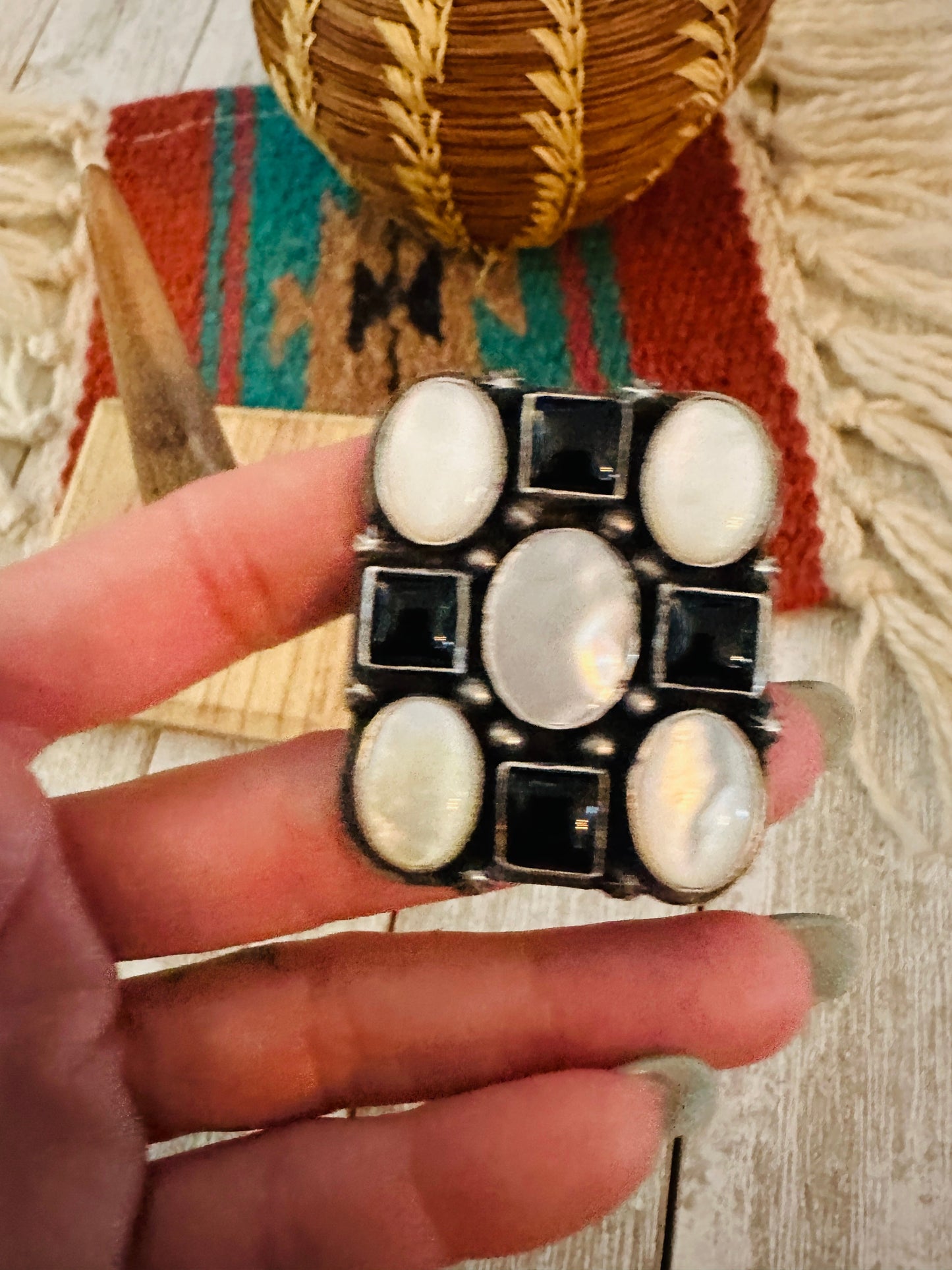 Handcrafted Sterling Silver, Onyx & Mother of Pearl Cluster Adjustable Ring by Charles Johnson