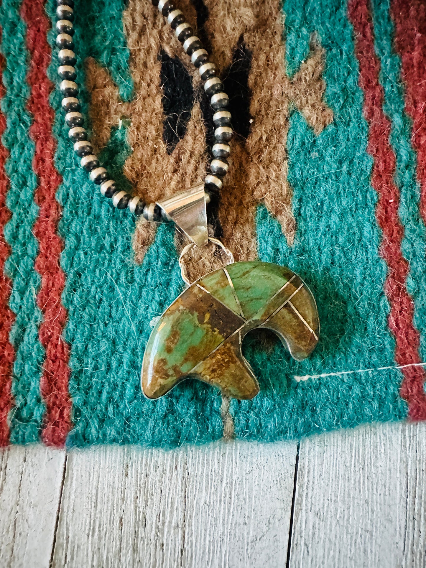 Handcrafted Turquoise & Sterling Silver Inlay Fetish Bear Pendant