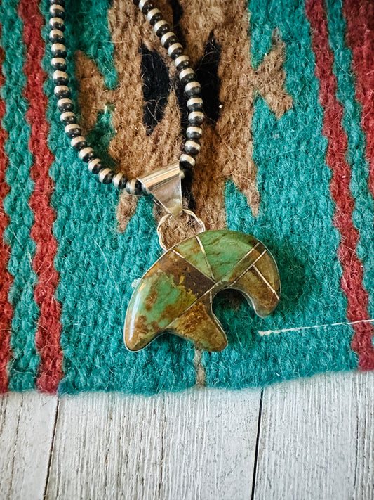 Handcrafted Turquoise & Sterling Silver Inlay Fetish Bear Pendant