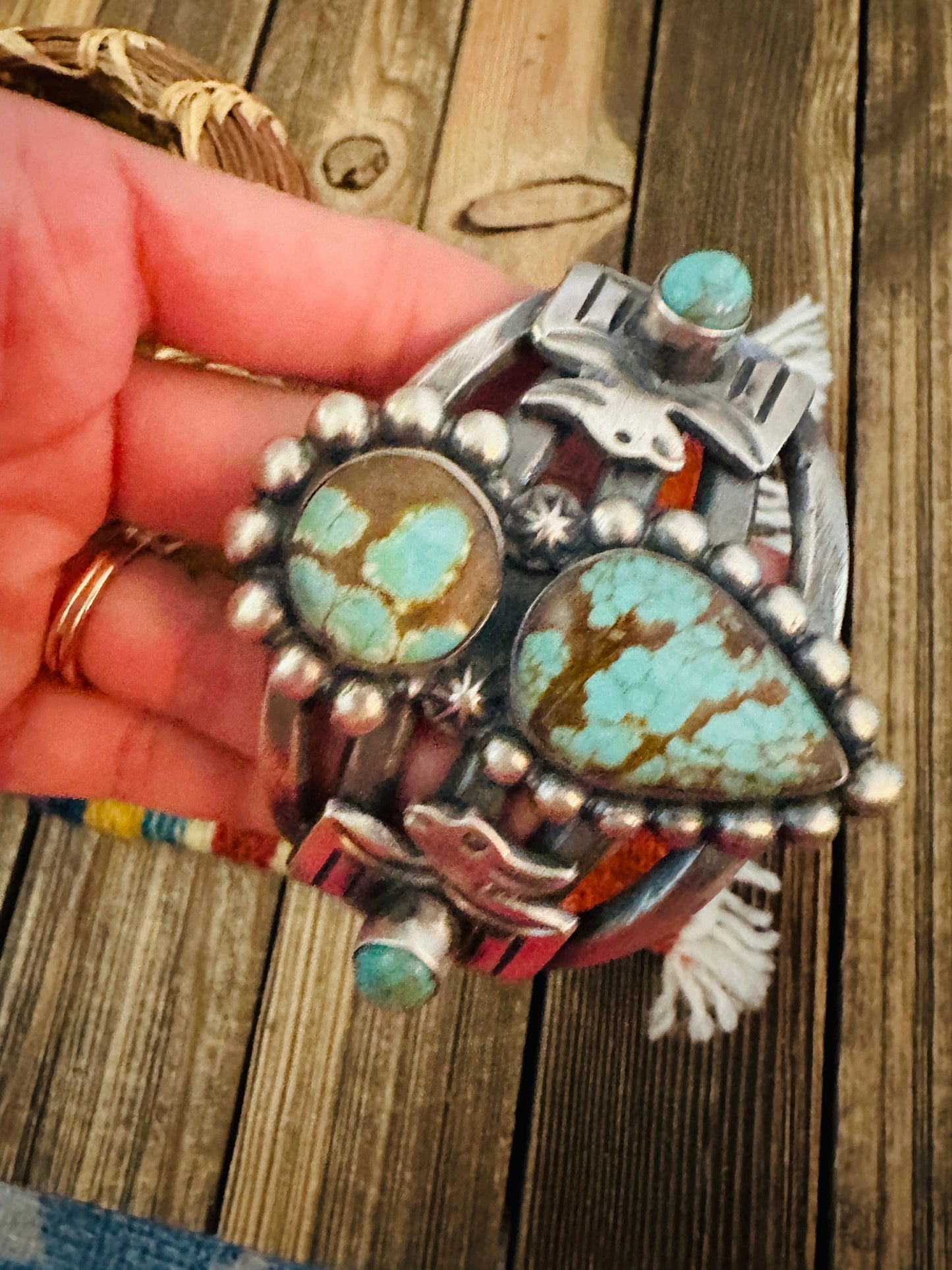 Handcrafted Sterling Silver & Number 8  Turquoise Thunderbird Cuff Bracelet by Chimney Butte