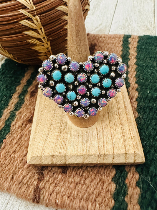 Handcrafted Sterling Silver, Opal & Turquoise Cluster Adjustable Heart Ring