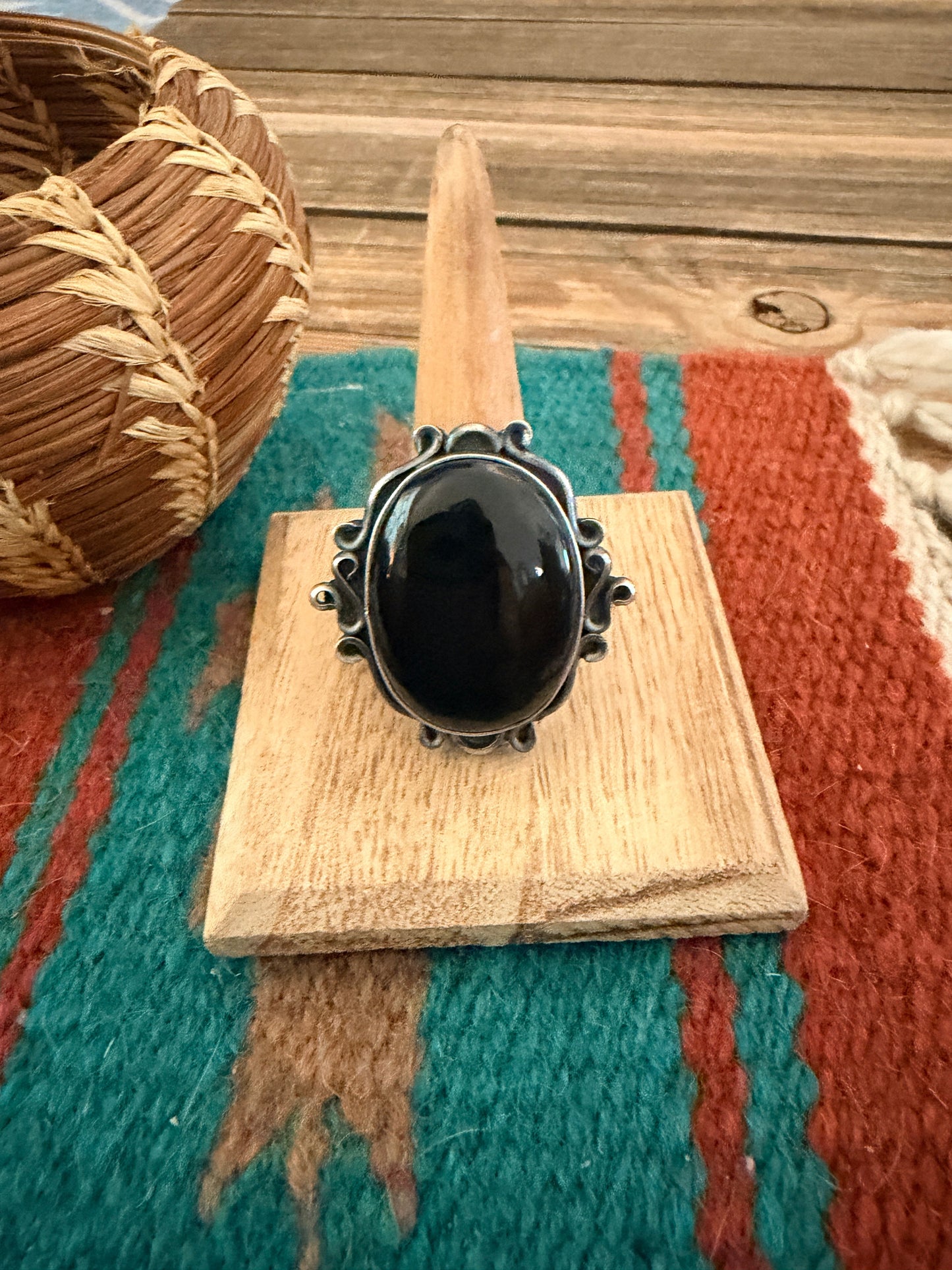 Handcrafted Black Onyx & Sterling Silver Ring Size 9