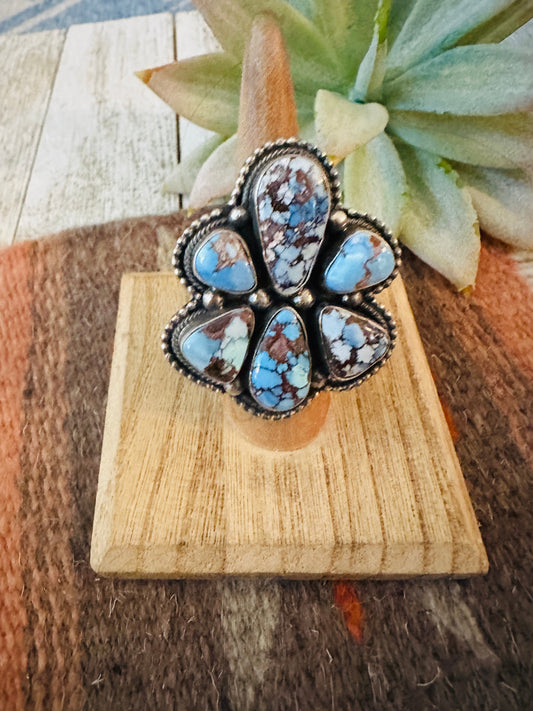 Handcrafted Golden Hills Turquoise & Sterling Silver Cluster Ring Size 6.5
