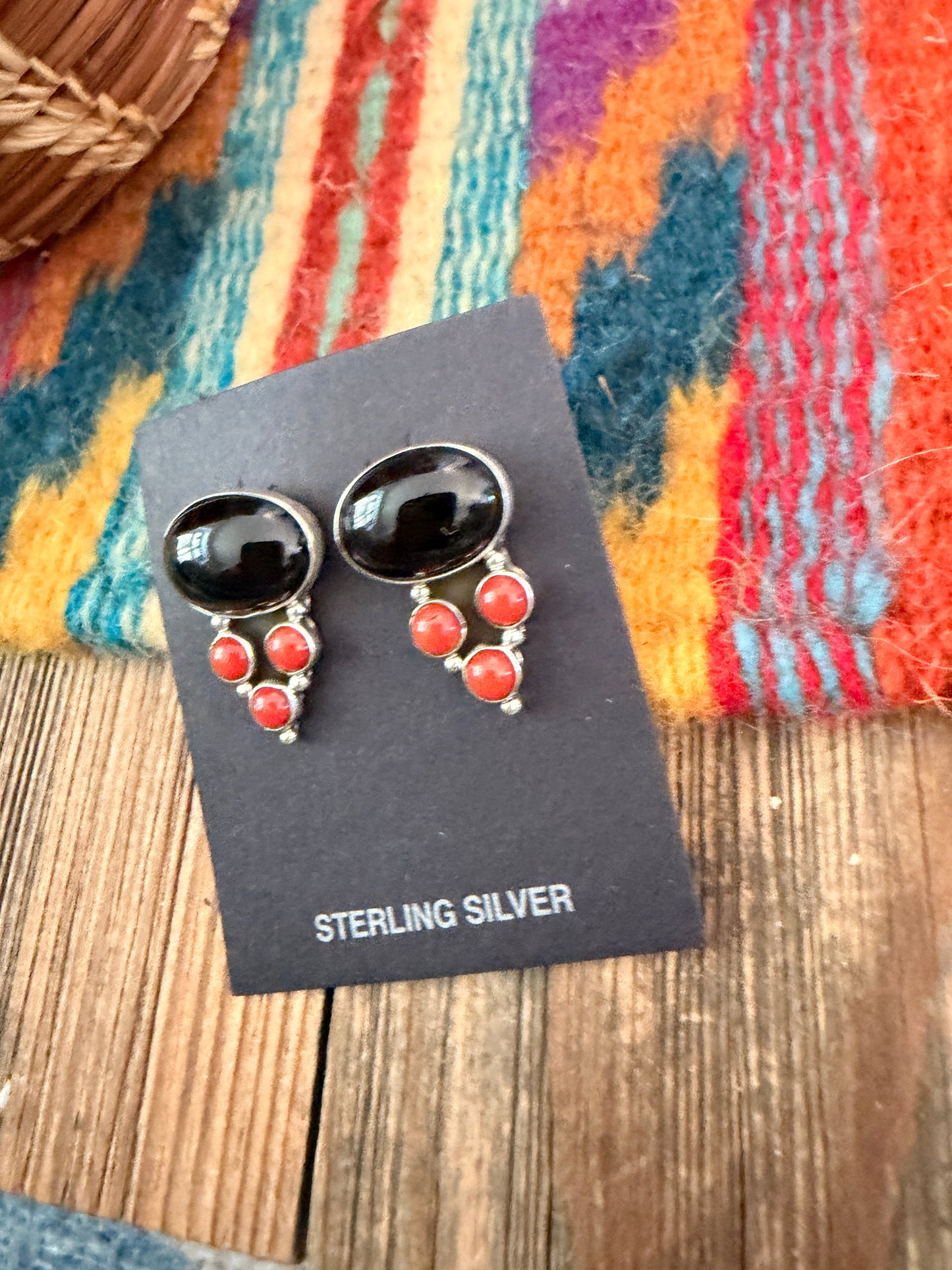 Handcrafted Onyx, Coral & Sterling Silver Post Earrings