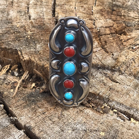 Handcrafted Sterling Silver Turquoise Coral 5 Stone Ring