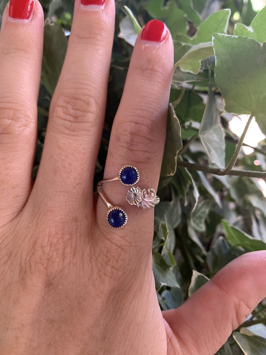 Handcrafted Lapis Sterling Silver Adjustable Flower Ring