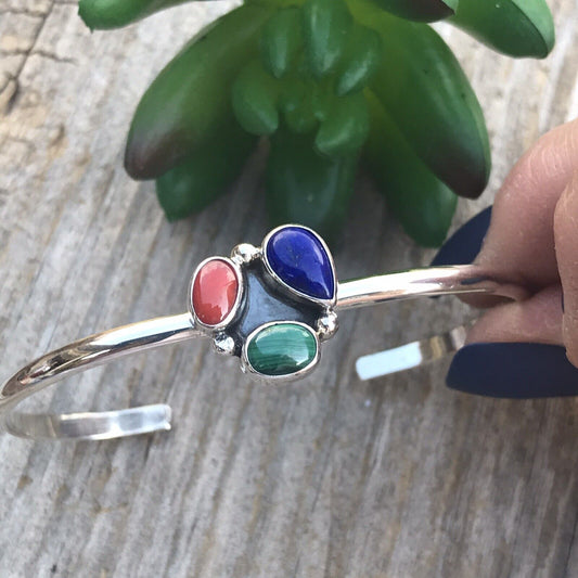 Handcrafted Multi Stone, Malachite Sterling Silver Bracelet Cuff Artist V. S