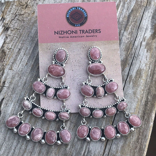 Sterling Silver Rhodochrosite Stone Dangle Earrings Artist E. Spencer