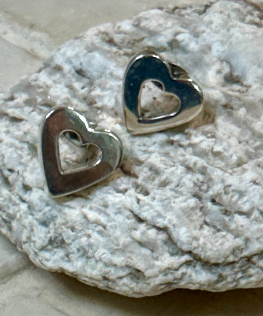Hollow Heart Sterling Silver Stud Earrings