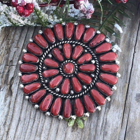 Handcrafted Jumbo Sterling Silver Natural Red Coral Cluster Pendant/pin Signed