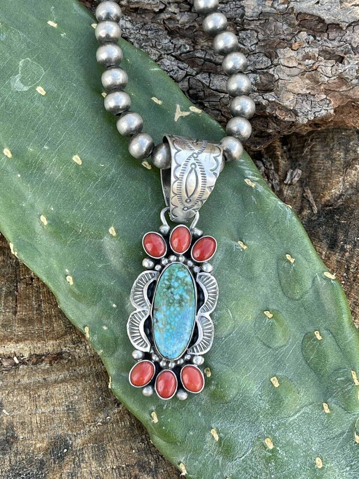 Navajo Sterling Kingman Web Turquoise & Red Coral Pendant Taos Collection