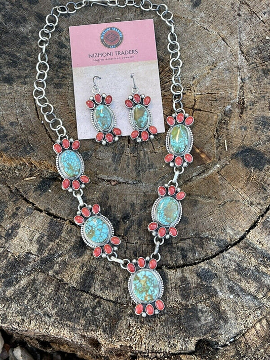 Handcrafted Sterling Kingman Turquoise Natural Red Coral Necklace Set Taos Collection