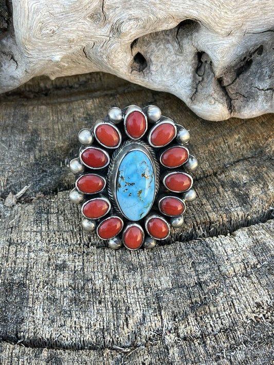 Navajo Sterling Silver Kingman Web Turquoise & Red Coral Taos Ring Sz 7.5