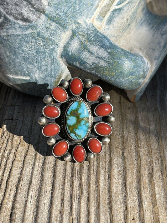 Handcrafted Sterling Silver Kingman Web Turquoise & Red Coral Taos Ring Sz 7