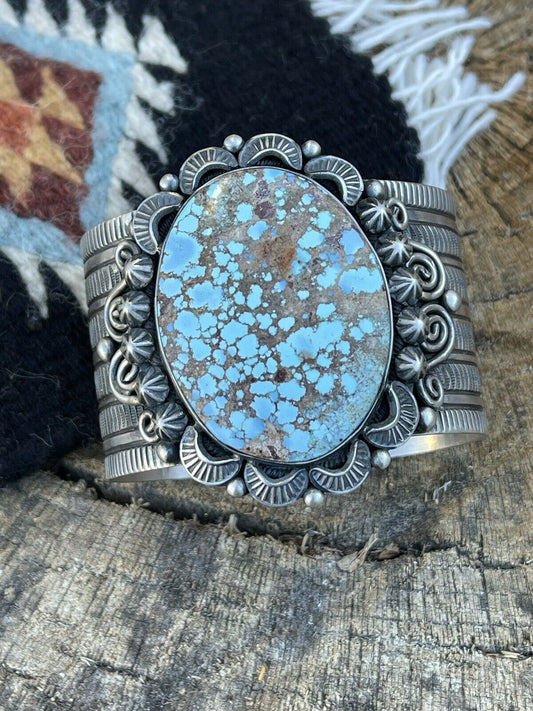 Handcrafted Sterling Silver & Number 8 Turquoise Signed Cuff Signed