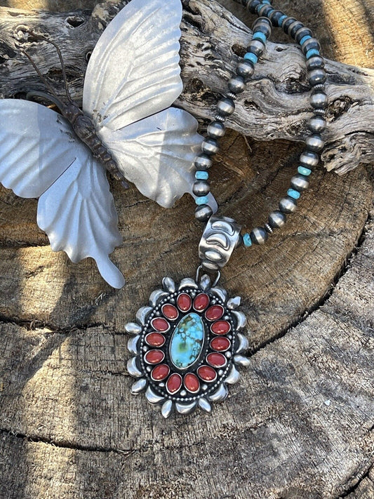 Handcrafted Sterling Kingman Web Turquoise & Red Coral Taos Ornate Pendant D. Clark