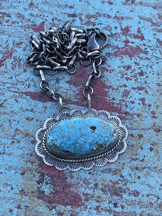 Handcrafted Sterling Silver & Royston Turquoise Stone Southwest Necklace Signed