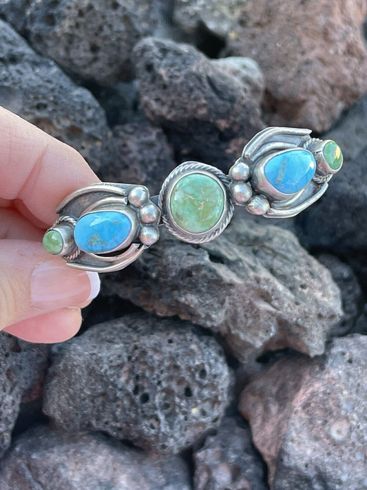 Handcrafted Sterling Sonoran Gold & Golden Hills Turquoise Cuff Bracelet Signed /