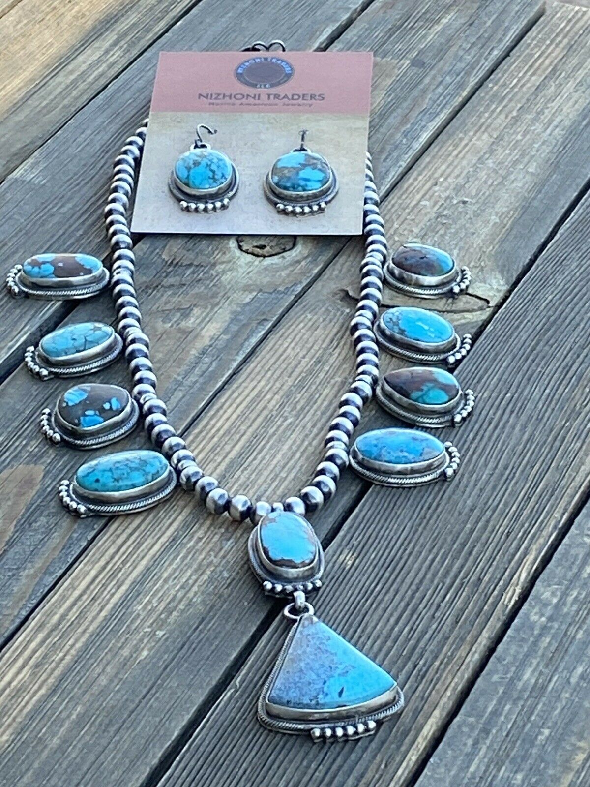 Handcrafted Sterling Silver Royston Turquoise Beaded Necklace & Earring Set