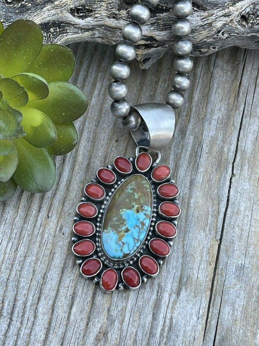 Handcrafted Sterling Silver Kingman Web Turquoise & Red Coral Taos Cluster Pendant
