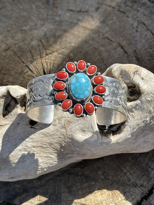 Handcrafted Sterling Kingman Web Turquoise & Red Coral Taos Bracelet Cuff by Bobby Johnson /