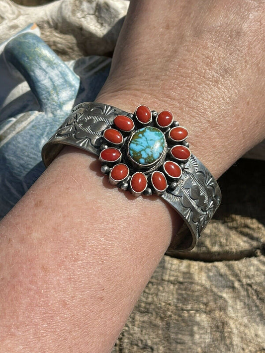 Handcrafted Sterling Kingman Web Turquoise & Red Coral Taos Bracelet Cuff by Bobby Johnson /