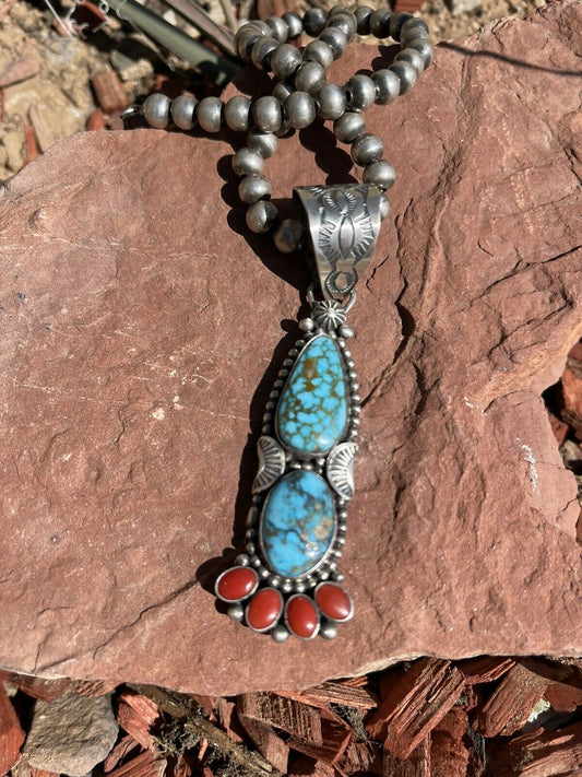 Handcrafted Sterling Kingman Web Turquoise & Red Coral Taos Pendant Danny Clark