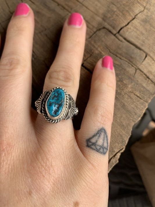 Handcrafted  Kingman Turquoise & Sterling Silver crescent ring