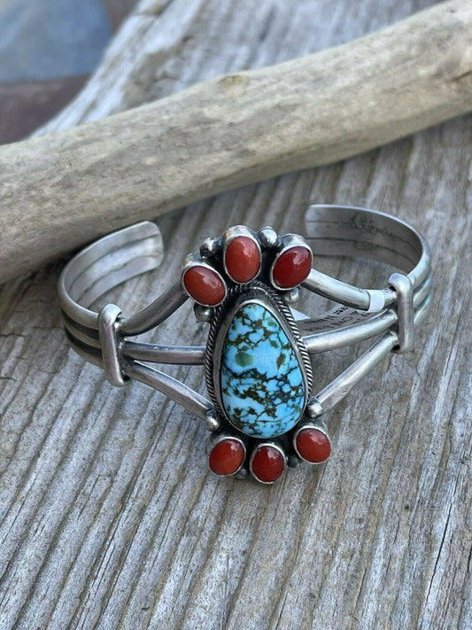 Handcrafted Sterling Kingman Web Turquoise & Red Coral Taos Bracelet Cuff by Bobby Johnson /
