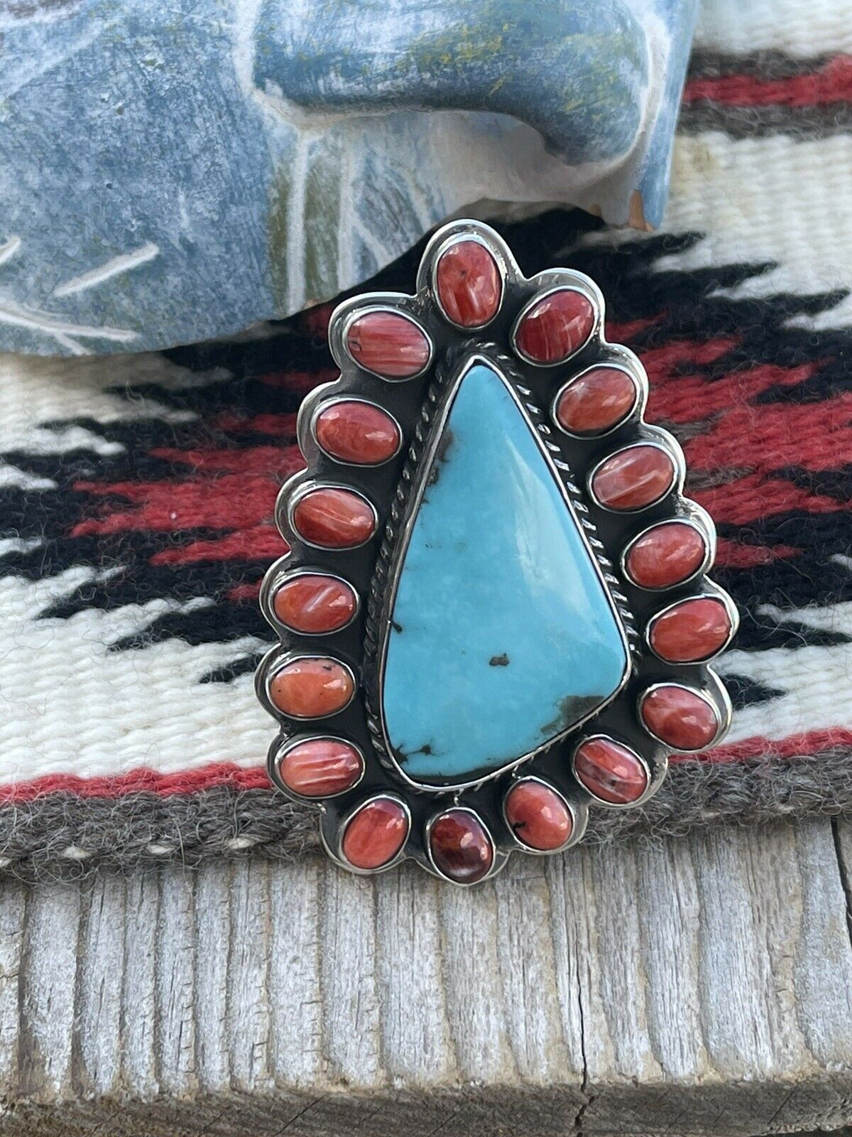 Navajo Cluster Fox Turquoise Spiny Sterling Silver Ring Sz Is Adjustable