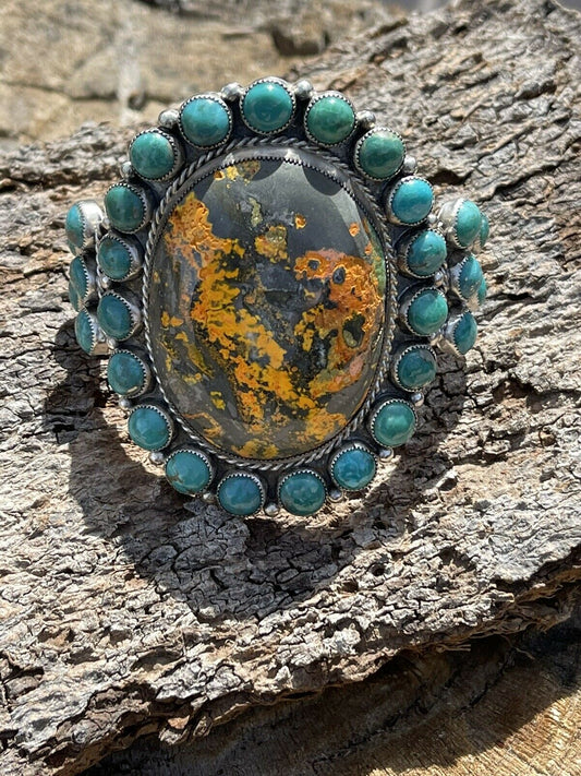 Handcrafted Sterling Silver Bumblebee & Turquoise Cluster Cuff Bracelet /