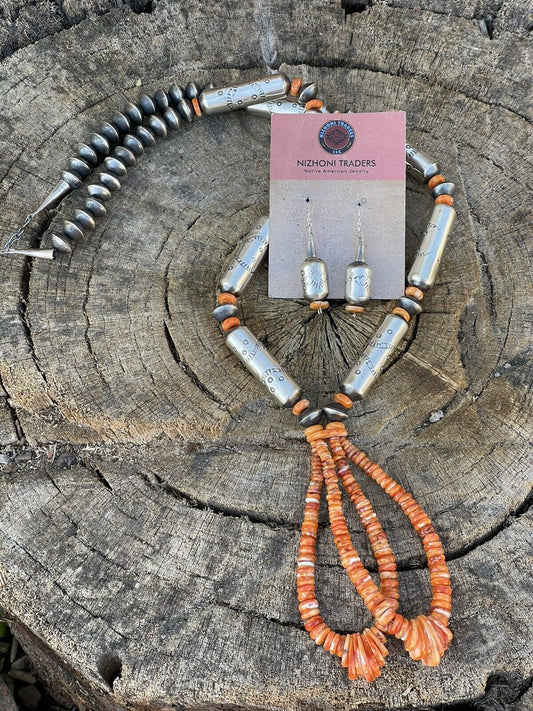 Navajo Sterling Silver Handmade Orange Spiny Jacla Necklace & Earring Set