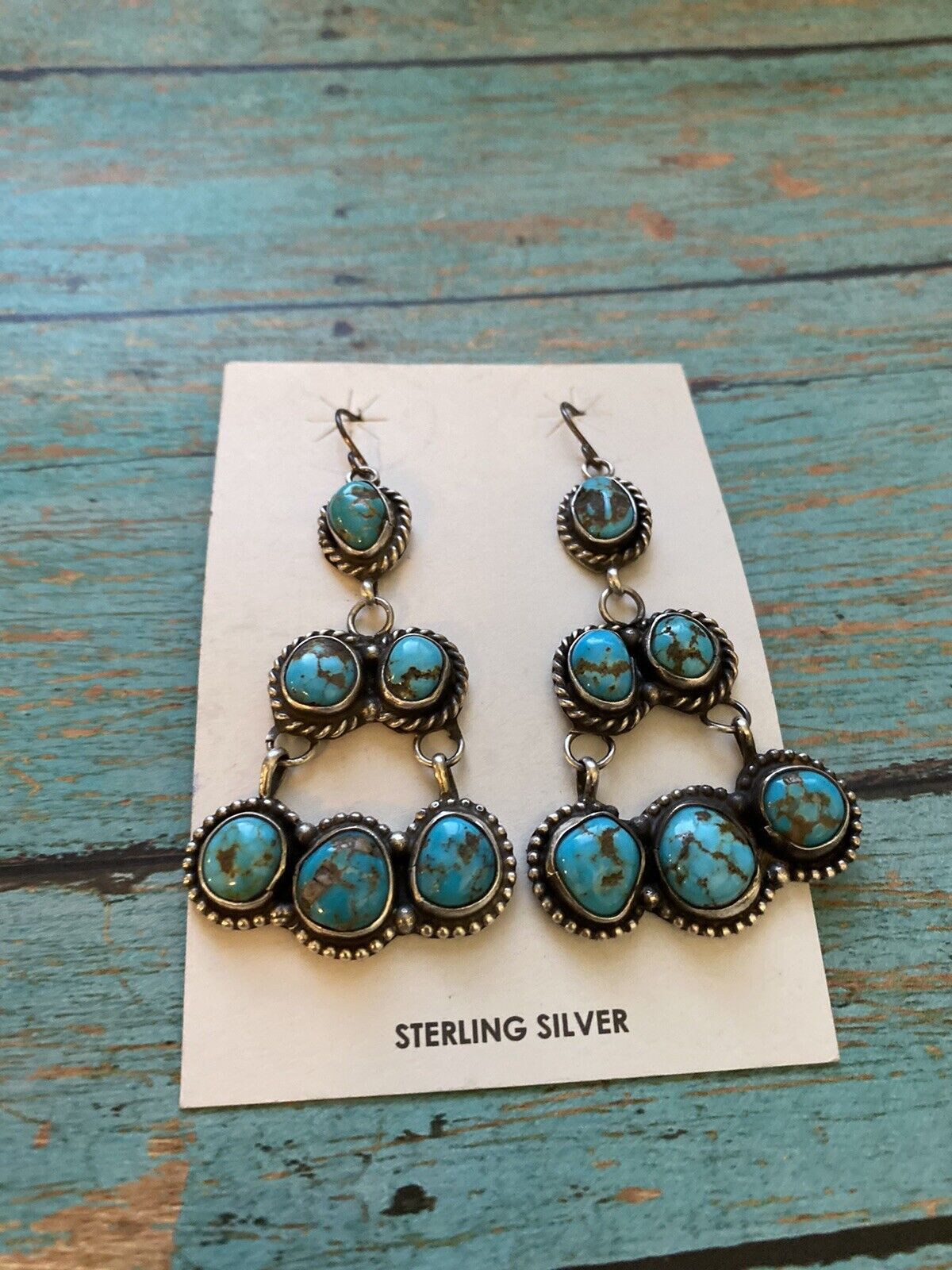 Navajo Sterling Silver & Royston Turquoise Chandelier Dangle Earrings