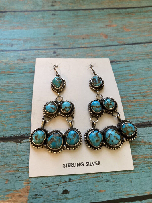 Handcrafted Sterling Silver & Royston Turquoise Chandelier Dangle Earrings