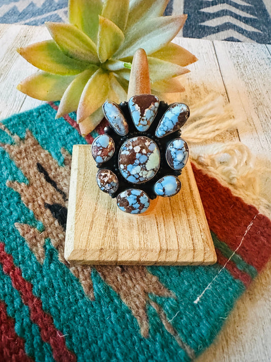Handcrafted Golden Hills Turquoise & Sterling Silver Cluster Ring Size 7