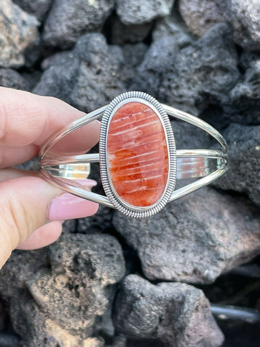 Handcrafted Orange Spiny Sterling Silver  Cuff Bracelet Stamped Wydell Billie /