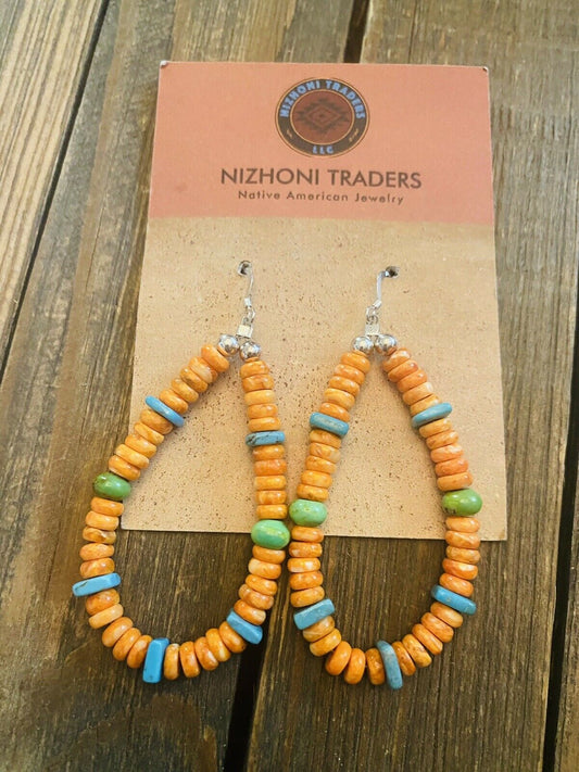 Handcrafted Spiny, Turquoise, Gaspeite And Sterling Silver Beaded Dangle Earrings