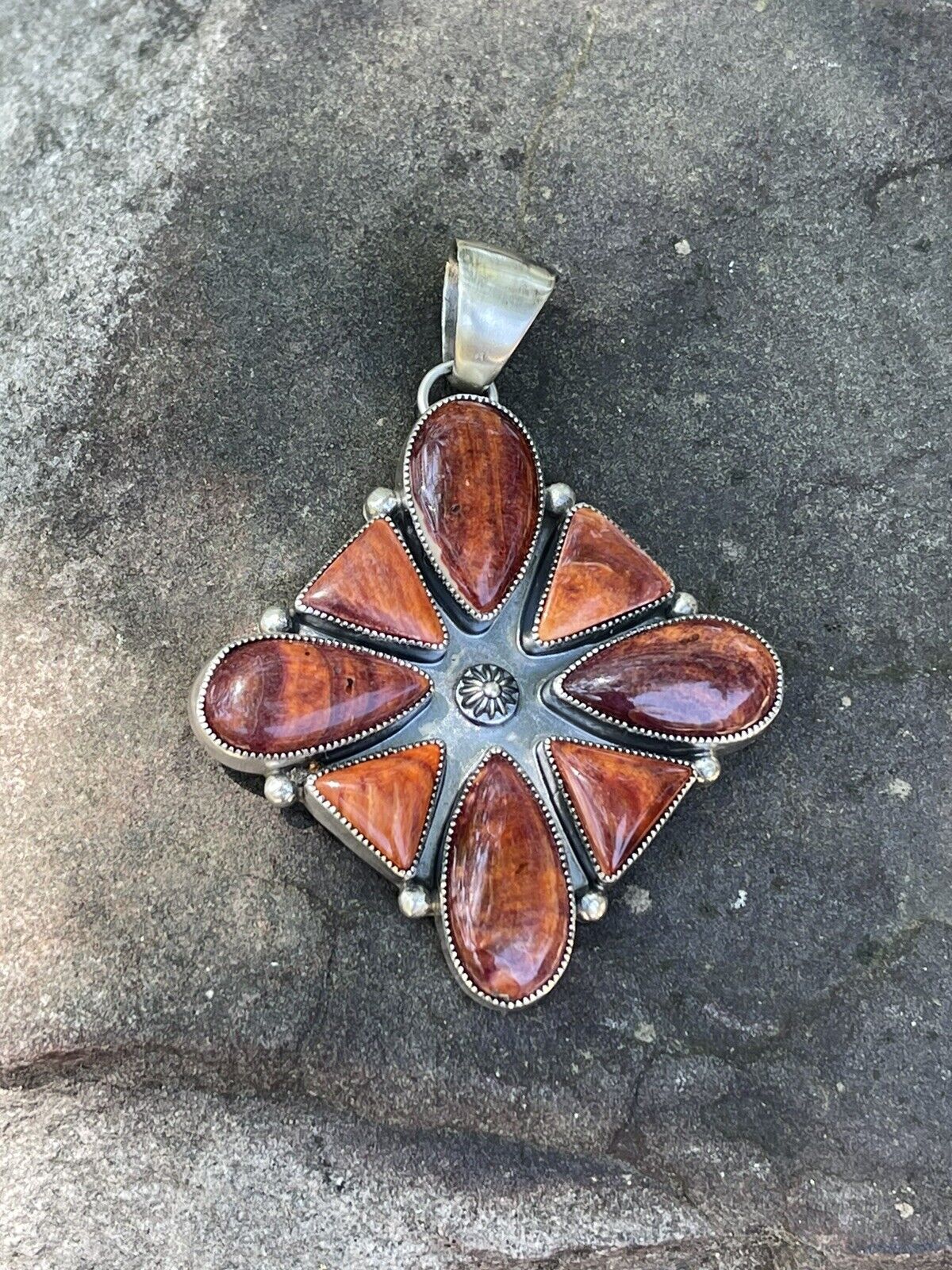 Handcrafted Sterling Silver Orange Spiny  Jumbo Cluster Pendant