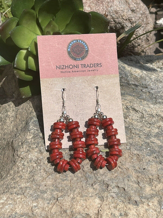 Handcrafted Sterling Silver Double Bead Apple Coral Dangle Hoop Earrings
