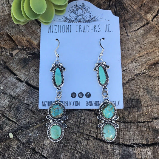 Navajo Mixed Turquoise & Sterling Silver Dangles Signed