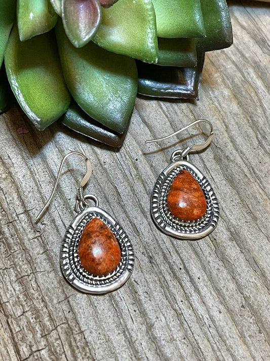 Handcrafted Sterling Silver Southwest Apple Coral Teardrop Earrings Signed G. Boyd