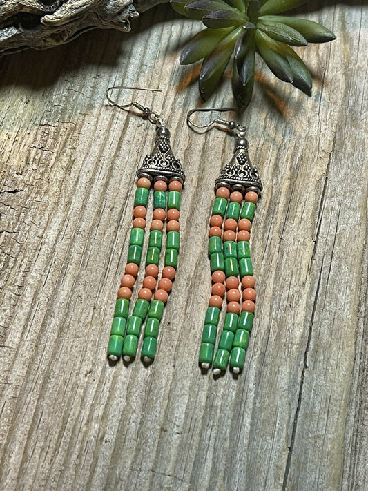 Handcrafted Sterling Dyed Green Kingman Turquoise and Pink Coral Bead Earrings