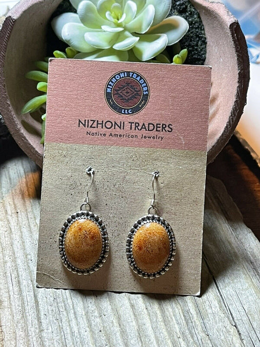 Handcrafted Sterling Silver Apple Coral Oval Dangle Earrings