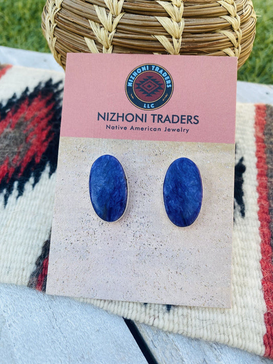 Handcrafted Sterling Silver And Purple Charoite Stud Earrings