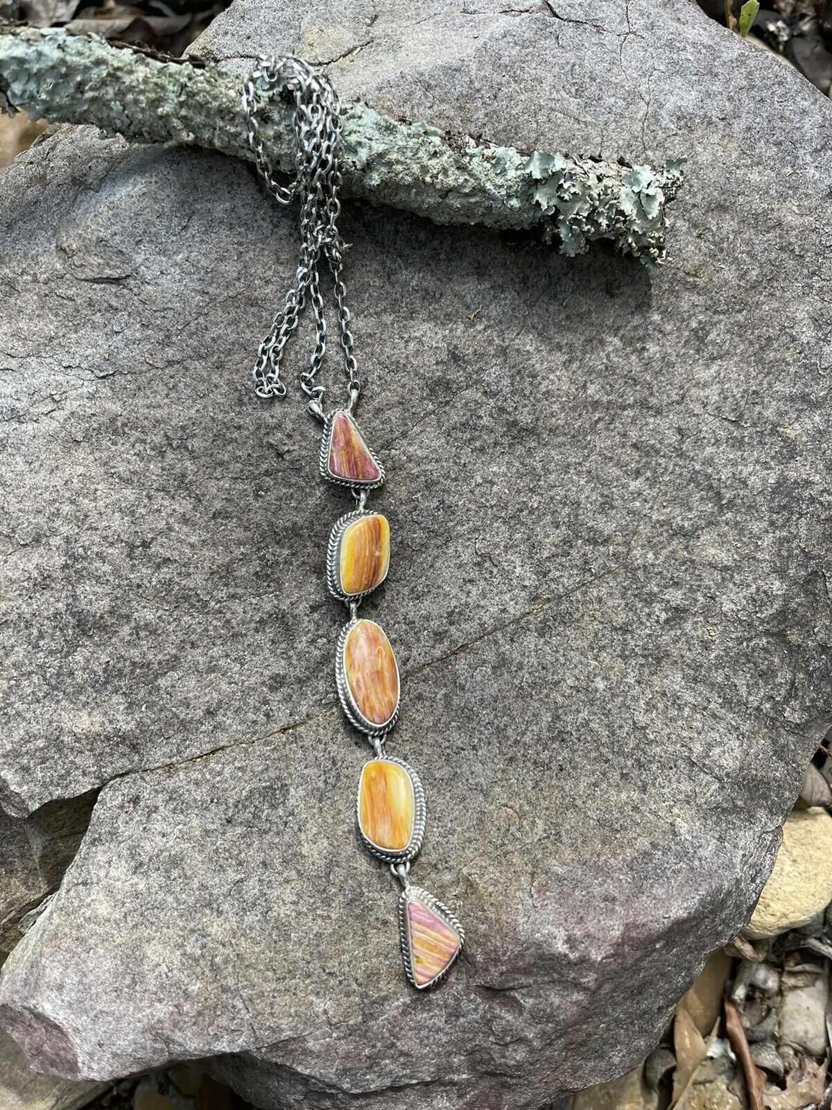 Handcrafted Spiny and Sterling 5 Stone Multi Shape Lariat Necklace