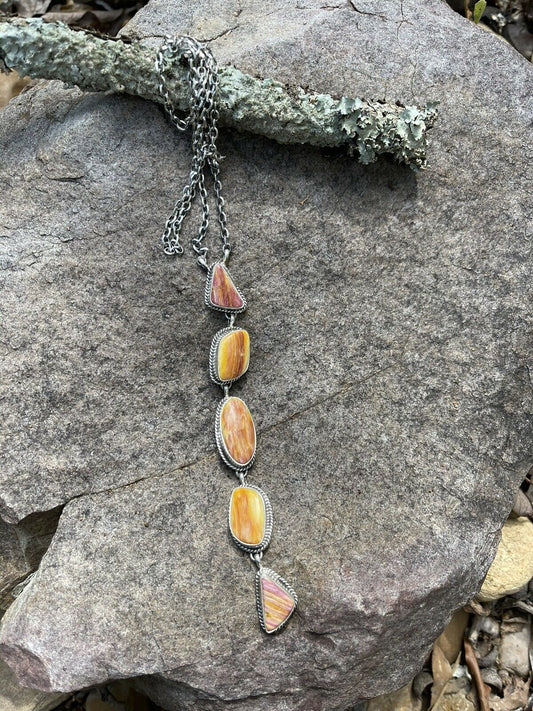Handcrafted Spiny and Sterling 5 Stone Multi Shape Lariat Necklace
