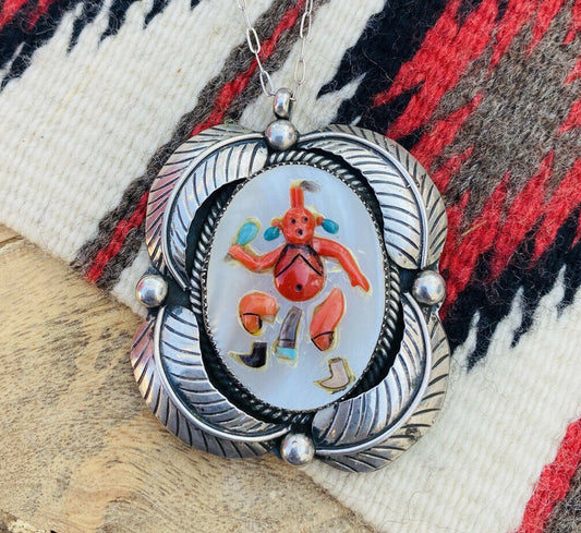 Vintage Handcrafted Multi Stone & Sterling Silver Inlay Mud Head Necklace Signed